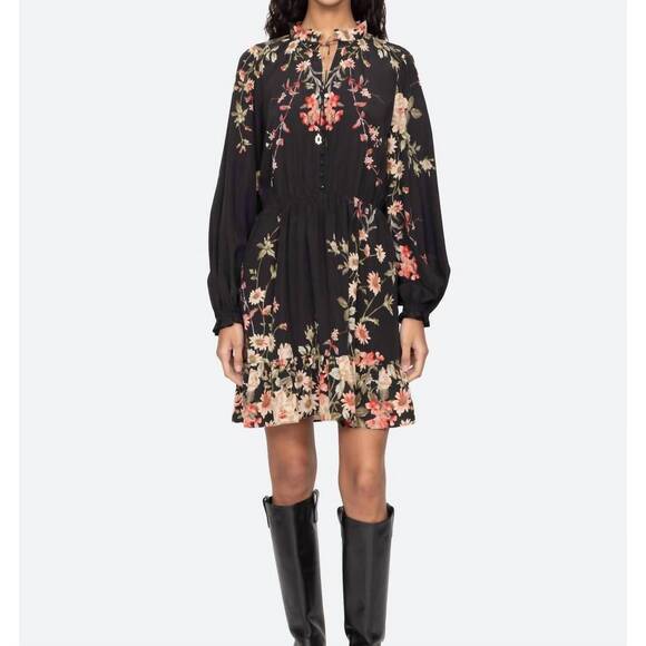 NEW SEA jolie print long sleeve mini dress in black
